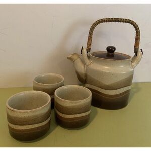 Vintage Otagiri Brown Stoneware Teapot Rattan Handle Set with 3 Cups Japan